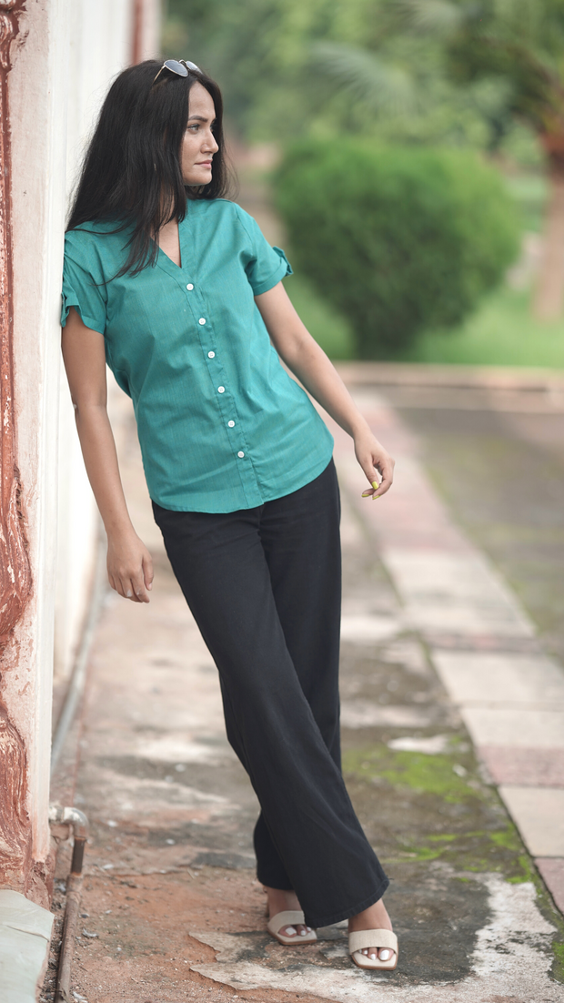 Woman wearing Etehas pure cotton green color comfortable elegant shirt