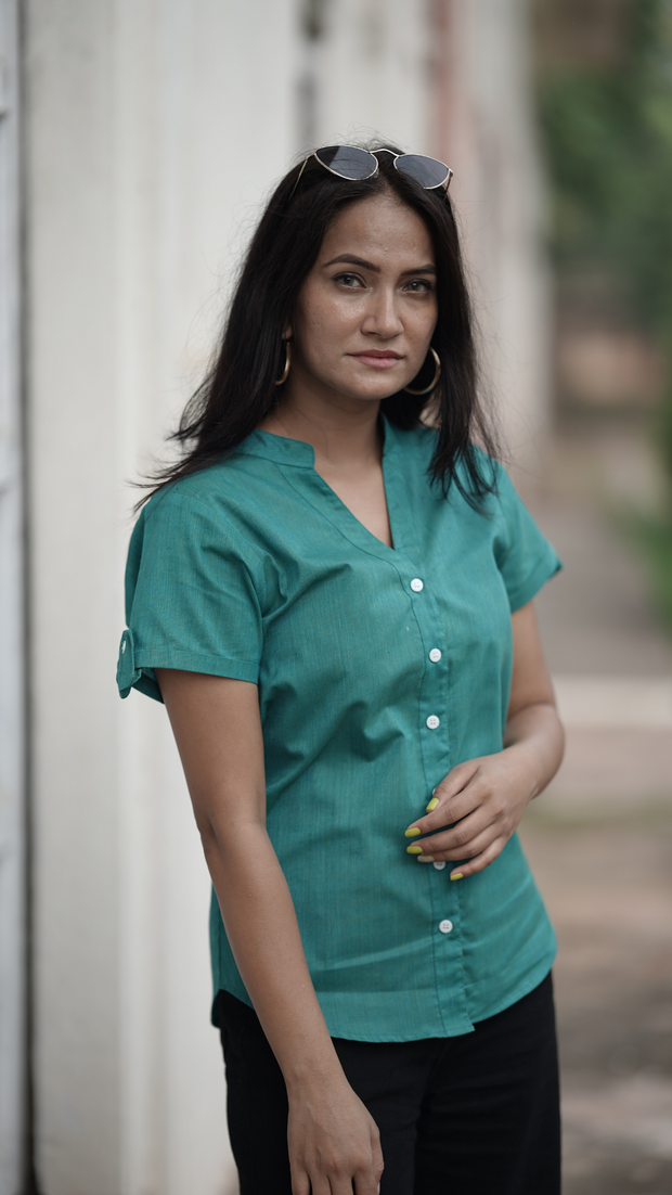 Woman wearing Etehas pure cotton green color comfortable elegant shirt