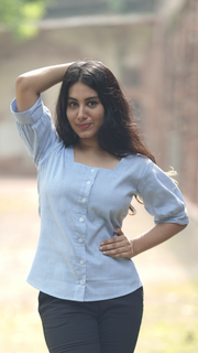 Etehas sustainable pure cotton Gingham Sky Check Cotton square neck top perfect for any occasion. Comfortable, Sustainable, conscious fashion. 
