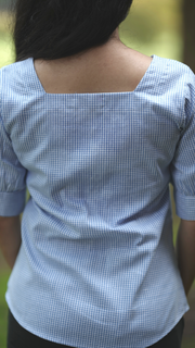 Etehas sustainable pure cotton Gingham Sky Check Cotton square neck top perfect for any occasion. Comfortable, Sustainable, conscious fashion. 