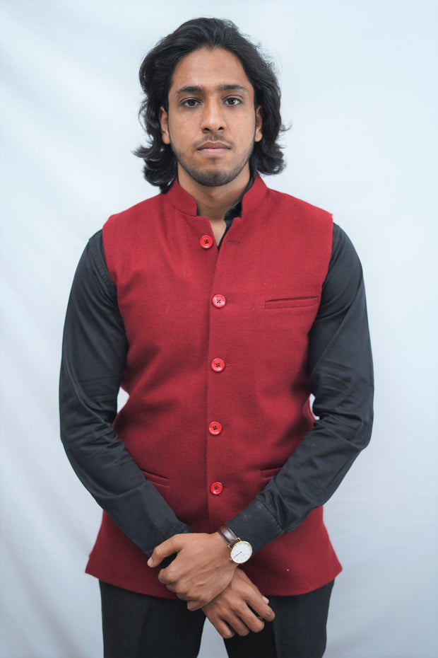 Etehas Woolen Tweet Nehru Jacket- Solid Red