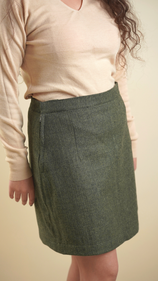 Woolen Skirt Herringbone Olive Green