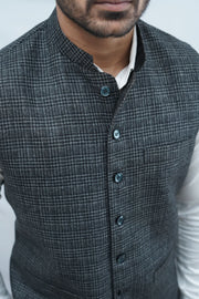 Etehas Woolen Tweet Nehru Jacket | Checked Grey