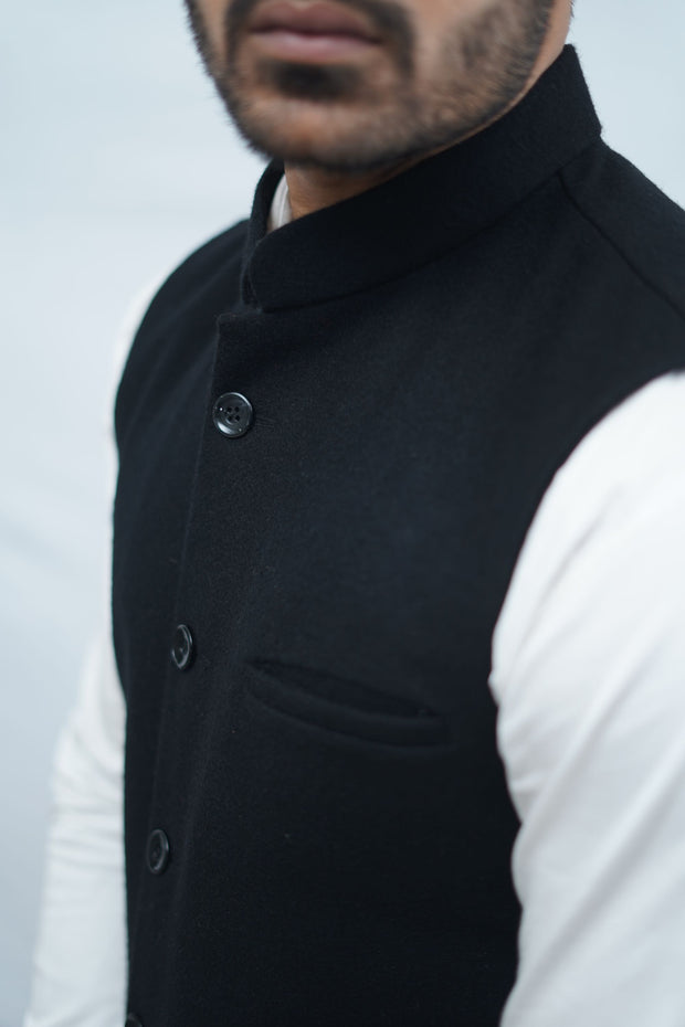 Etehas Woolen Nehru Jacket- Solid Black