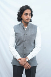 Etehas Woolen Tweet Nehru Jacket- Solid Grey