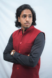 Etehas Woolen Tweet Nehru Jacket- Solid Red