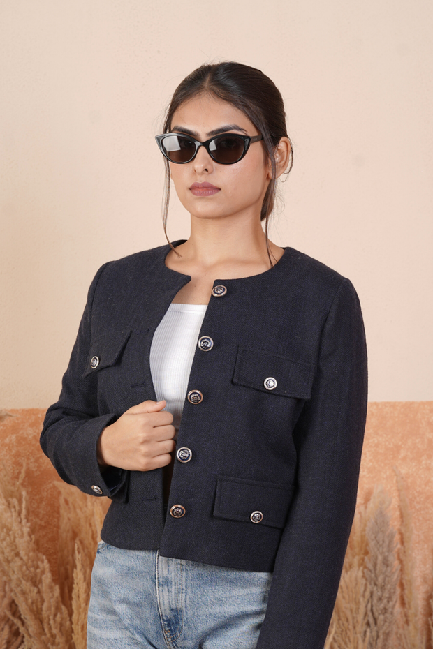 Women Tweed Jacket Ink Blue