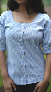 Women Gingham Sky Check Cotton Top