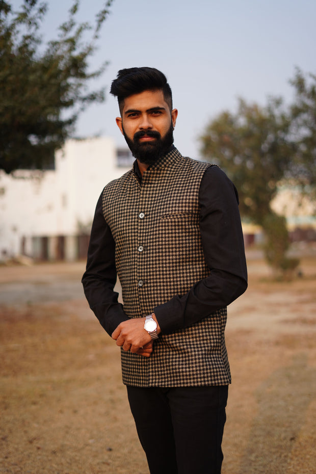 Nehru/Modi Jackets for Men - Sheep Wool - Brown White - Knitmart
