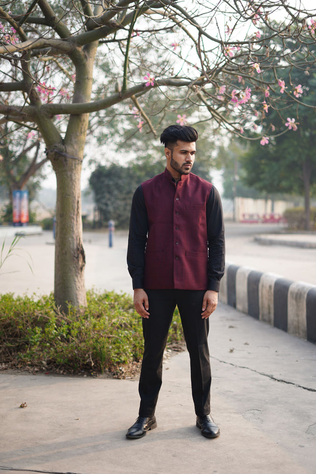 Etehas Woolen Tweet Nehru Jacket Maroon - Main Image
